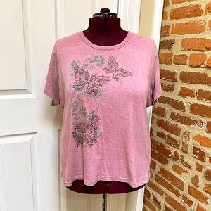Basic Editions Heather Pink Short Sleeve T-shirt with Butterflies and Flowers